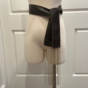 Vintage Brown Leather Belt w/ Goldtone Bead Fringe, Adjustable